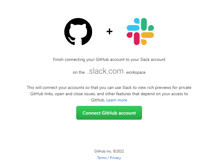 Screen to finish connecting GitHub account to your Slack account