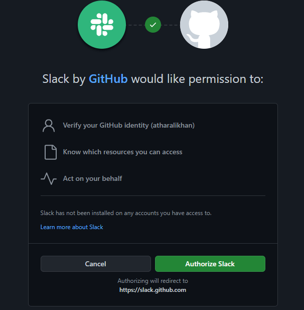 Authorization screen to give permission to Slack to access GitHub account