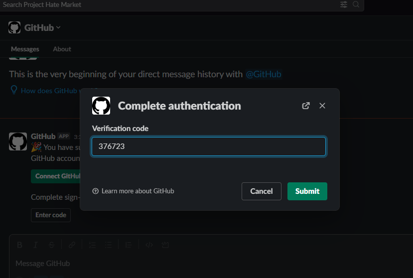 Screen to complete authentication by typing in verification code for GitHub-Slack integration