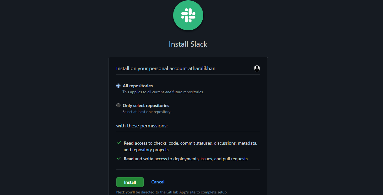 Screen to install Slack on GitHub account