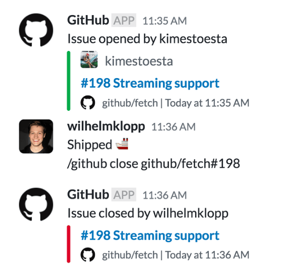 Example of chat window in GitHub-Slack integration