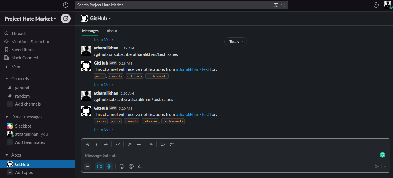 Example of executing subscribe and unsubscribe notifications for GitHub in Slack