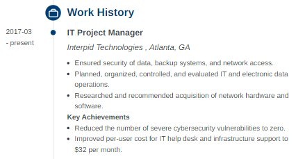 Work history example for an IT manager resume