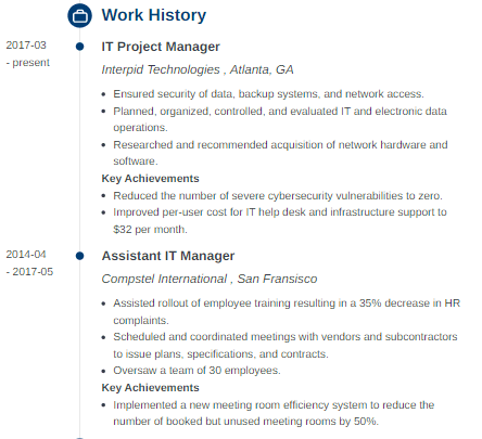 Work history example for an IT manager resume