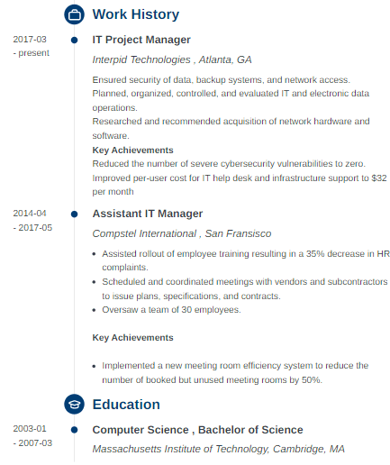 Education background example for an IT manager resume
