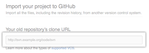 Screenshot of GitHub repository importer tool with box highlighted where you type URL of your old repository's clone URL