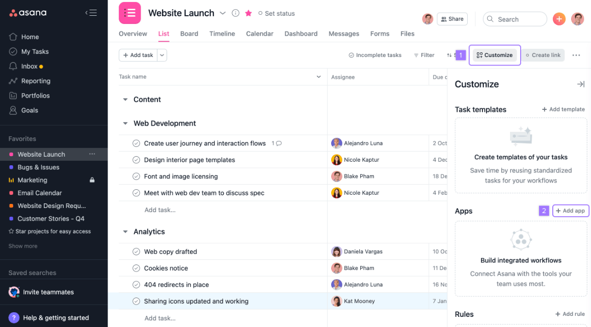 Asana dashboard with purple box around Customize button in right-hand corner