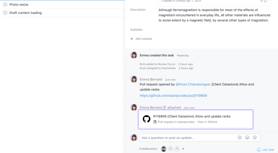 Pull request comments in Asana