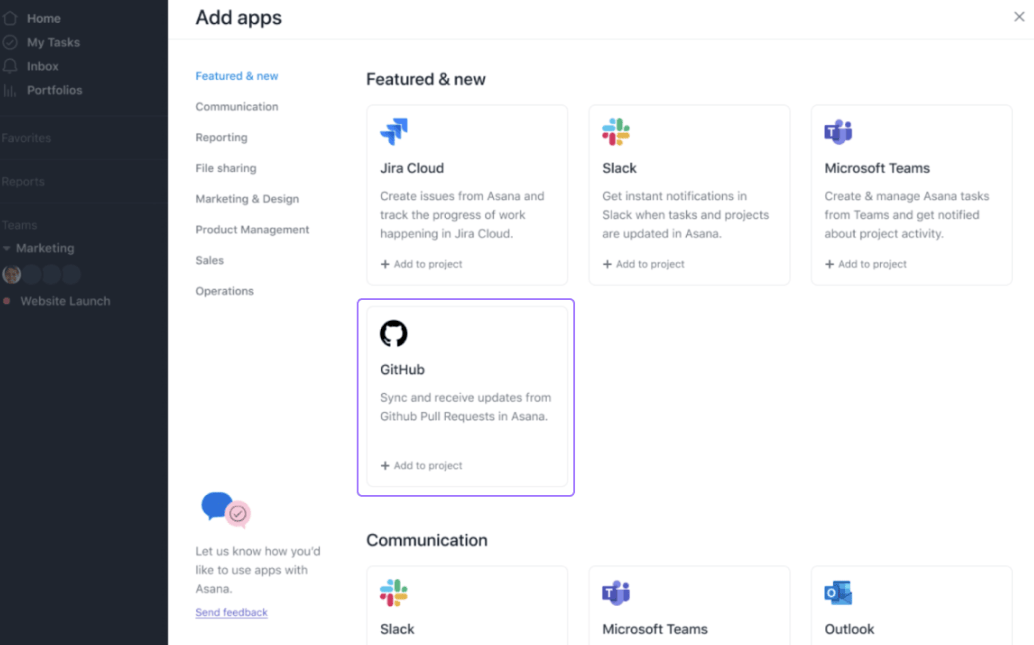 Asana menu to add apps with purple box around GitHub app