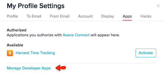 Asana profile settings with red arrow pointing to Manage Developer Apps