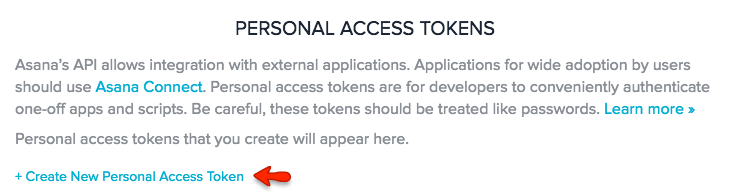 Asana Personal Access Tokens with red arrow pointing to Create New Personal Access Token link