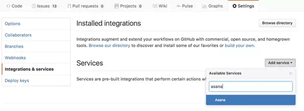 GitHub Installed integrations menu with "Add service" button selected and "Asana" typed into search bar