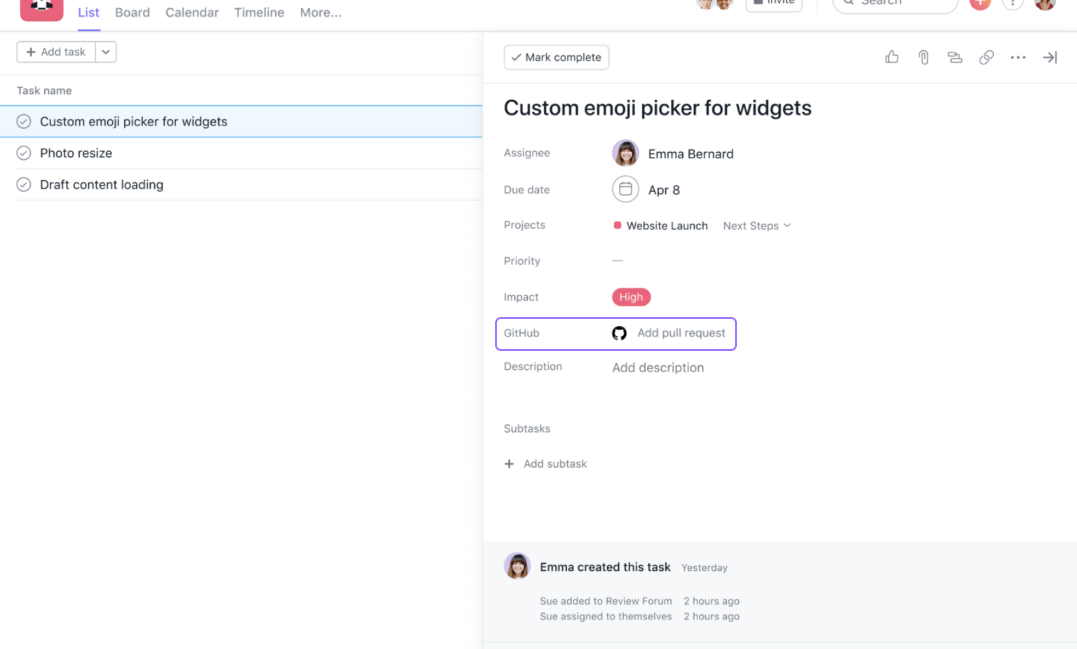 Asana dashboard with purple box around "GitHub Add pull request"