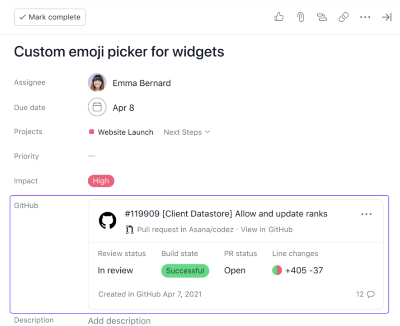 Asana task showing GitHub pull request with review status, build state, PR status, and line changes