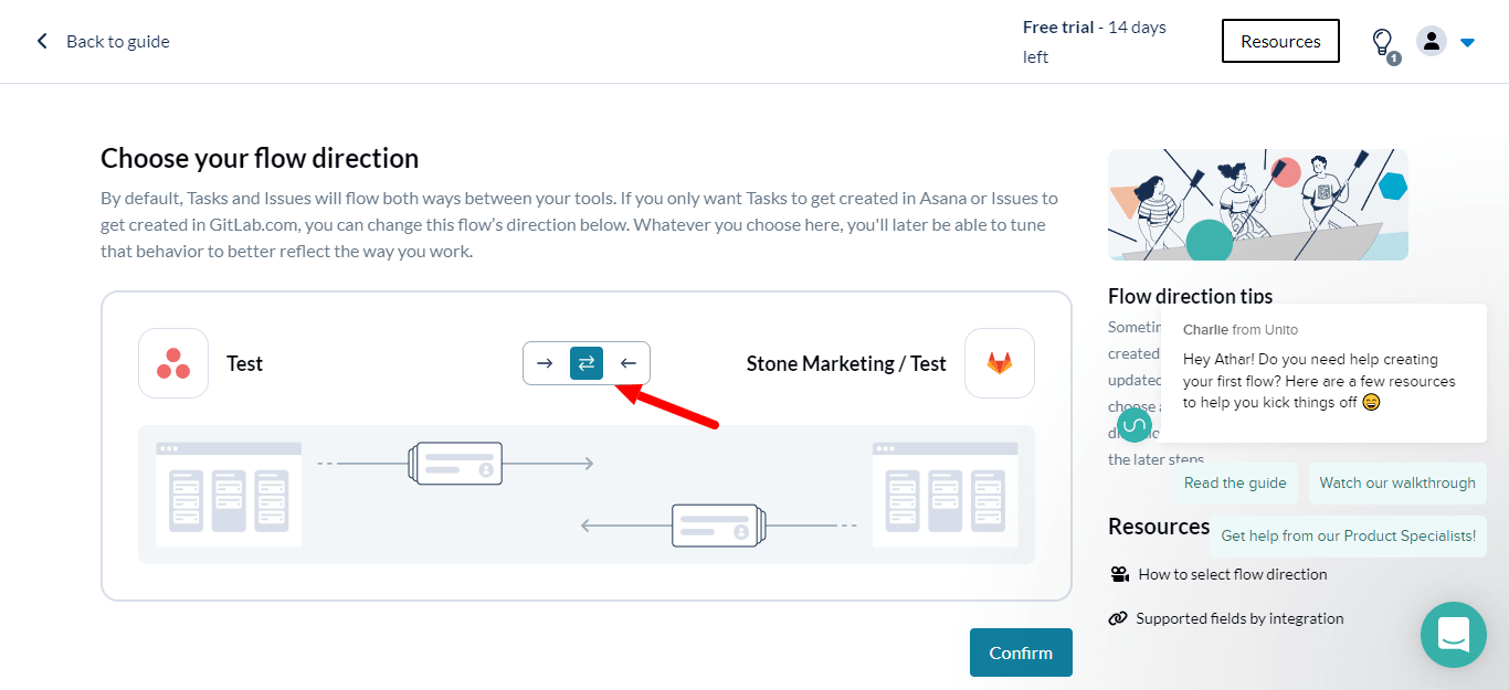 Unito page to choose your flow direction with red arrow pointing to arrow to set direction of the flow