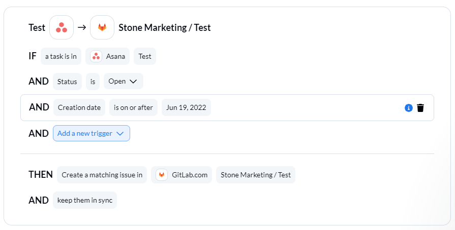 Screenshot showing how a project in Asana named Test works with a project with the same name on GitLab