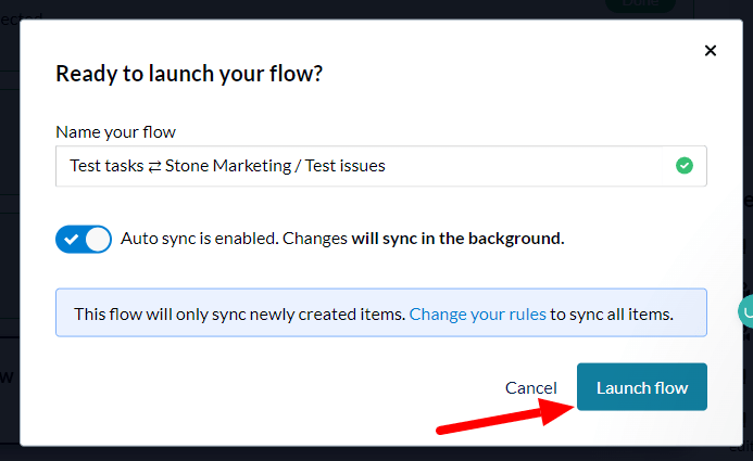 Unito page that says "Ready to launch your flow?" with red arrow pointing to "Launch Flow" button
