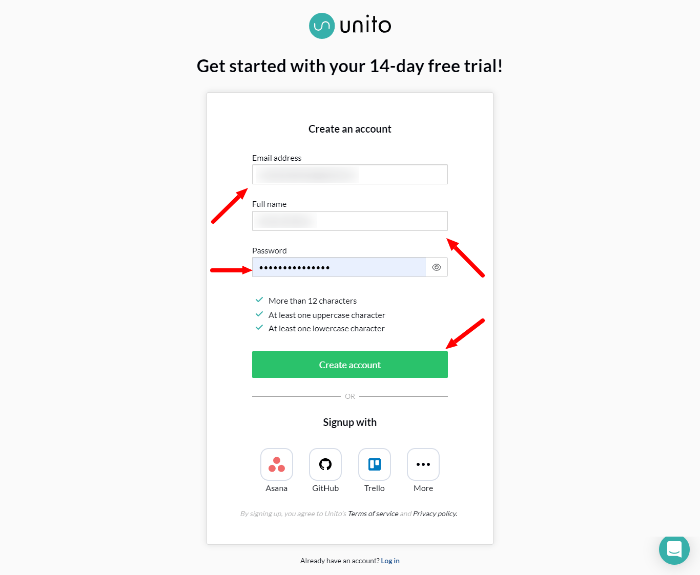 Unito.io sign-up page