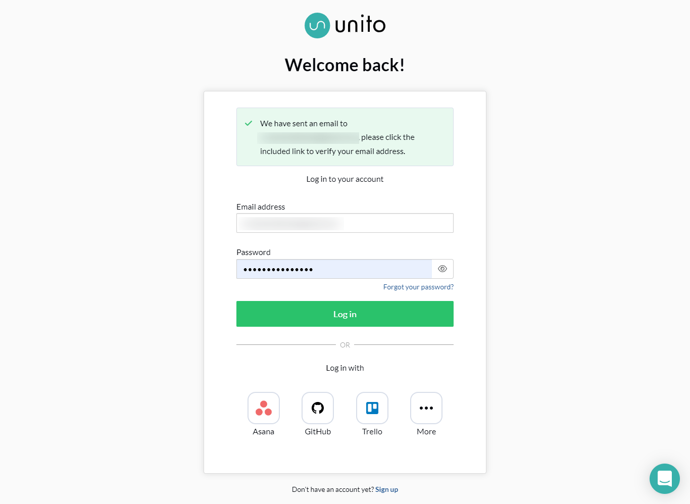 Unito.io login page with message that you have been sent a confirmation email to verify email address