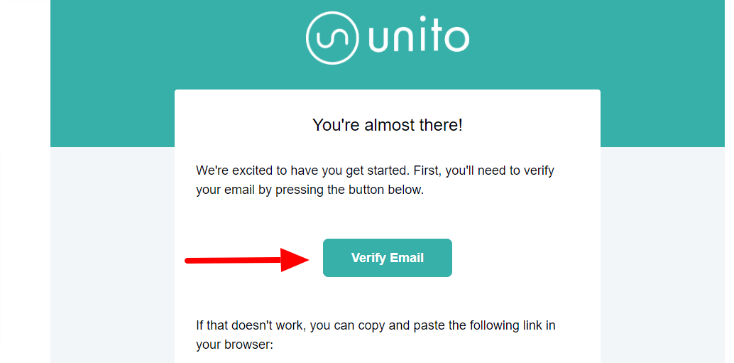 Unito verify email message with red arrow pointing to "verify email" button