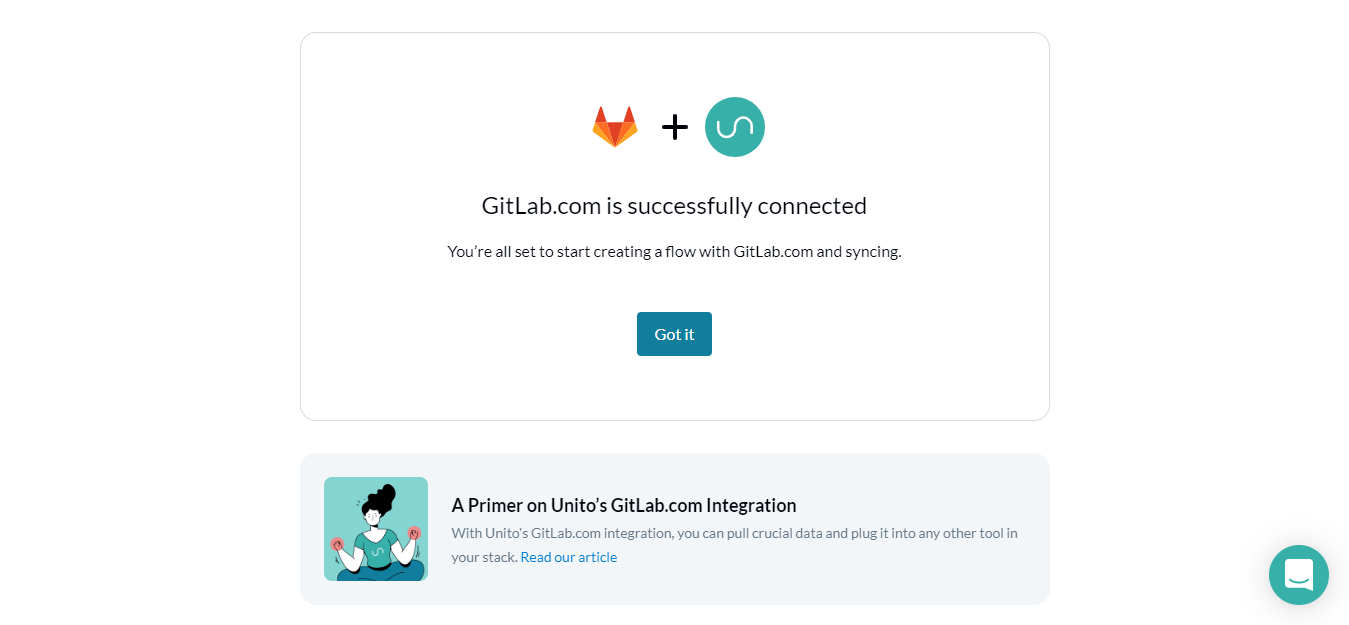Confirmation message from Unito saying GitLab.com is successfully connected