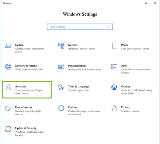 Windows settings page with green box around Accounts tab