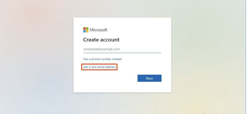 Microsoft create account page with red box around "Get a new email address" link