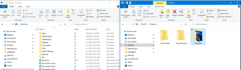 Side by side images of File Explorer and OneDrive