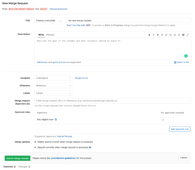Example of Gitlab form to submit new merge request