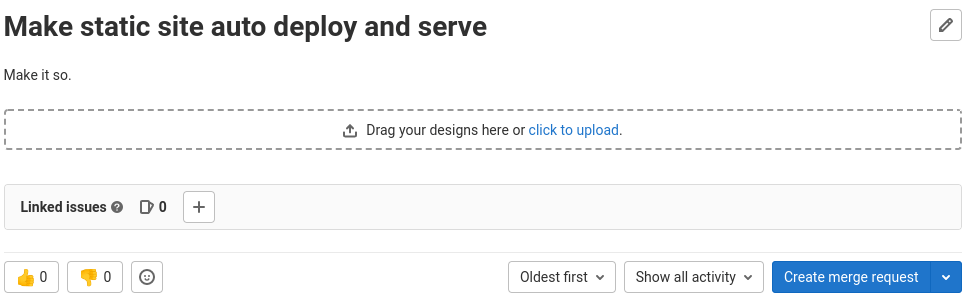 Example of Gitlab issue with blue "Create merge request" button on the bottom right corner of the screen