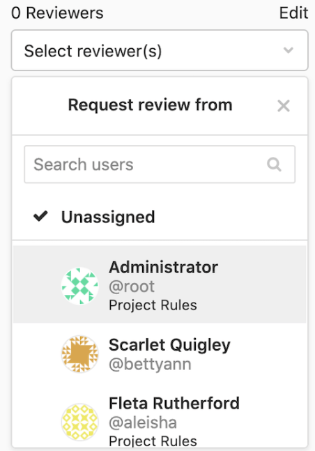 Example of Gitlab screen to select reviewers for merge request