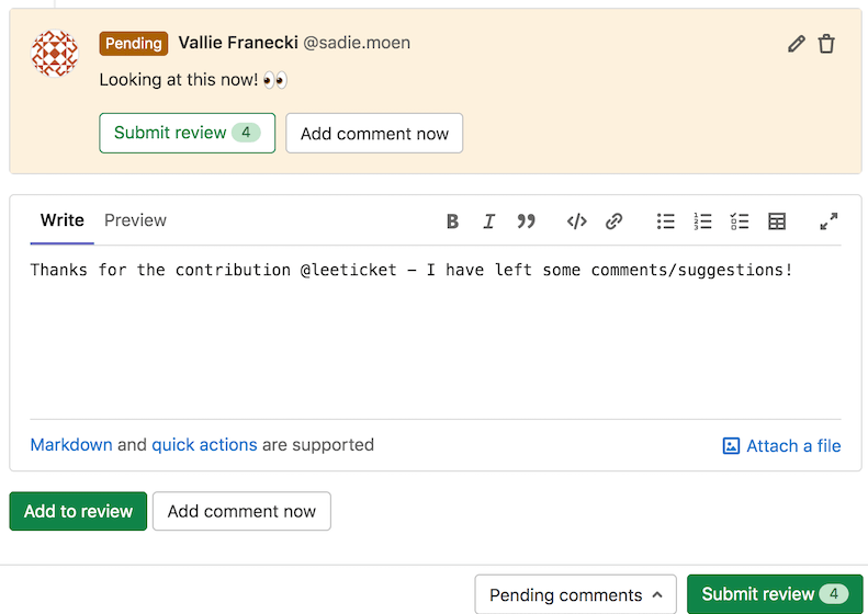 Example of Gitlab merge request screen for reviewers to submit review
