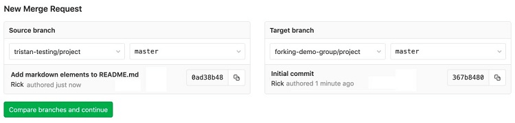 GitLab screen to create a merge request when working from a fork