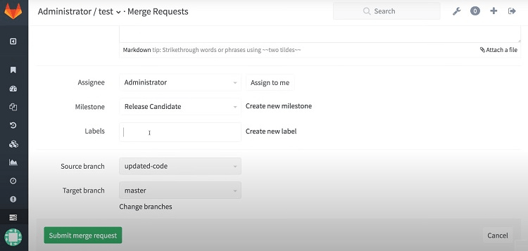 GitLab screen to submit merge request