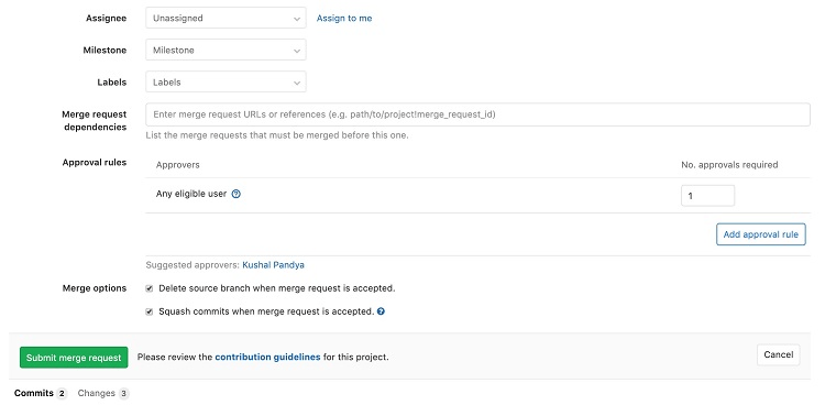 GitLab merge request page with Assignee dropdown at top of menu