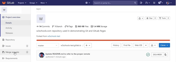 GitLab screen to create a merge request from the main window