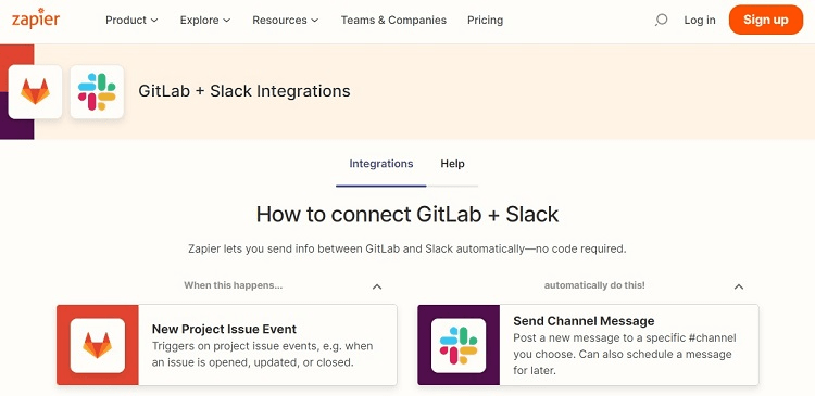 Zapier landing page for connecting GitLab and Slack