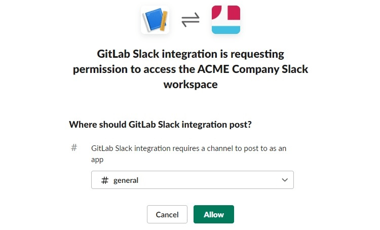 Example of permissions screen allowing you to cancel or allow GitLab Slack integration to have permission to access your Slack workspace