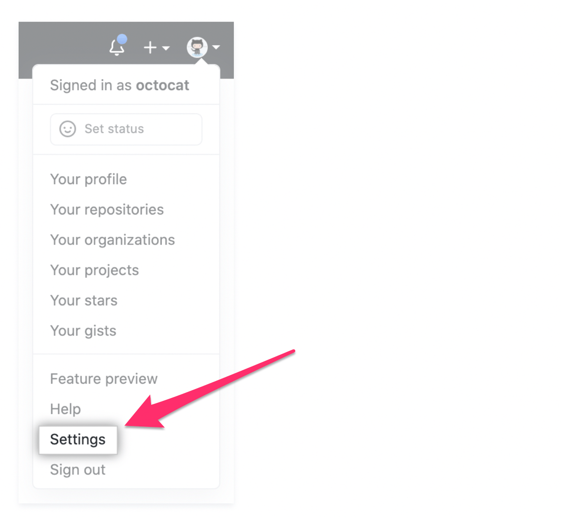 Dropdown in GitHub account with red arrow pointing to "Settings" option