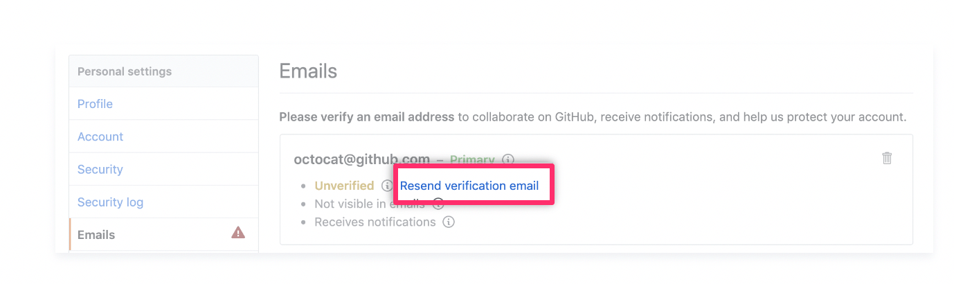 GitHub settings with "Emails" option selected and red square around link to resend verification email