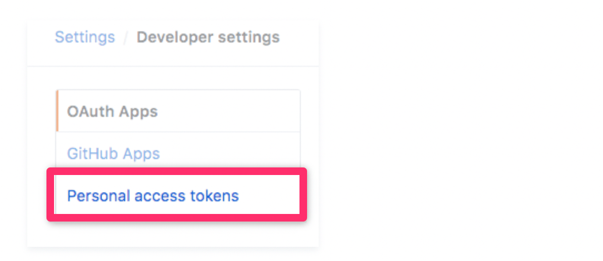GitHub developer settings menu with red box around "Personal access tokens" link