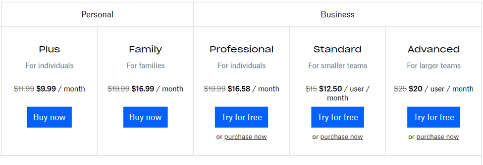 Dropbox pricing plans