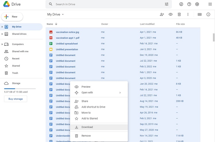 Google Drive file screen with files selected and dropdown with the "Download" option selected