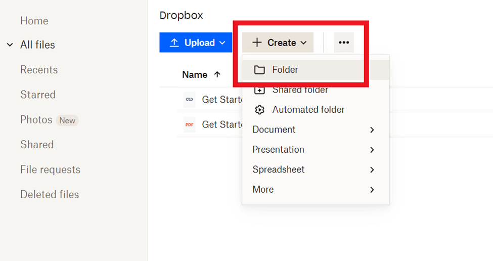 Dropbox dashboard with red square around "Create" dropdown