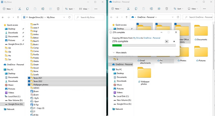 Screenshot showing how to drag and drop files from Google Drive to OneDrive