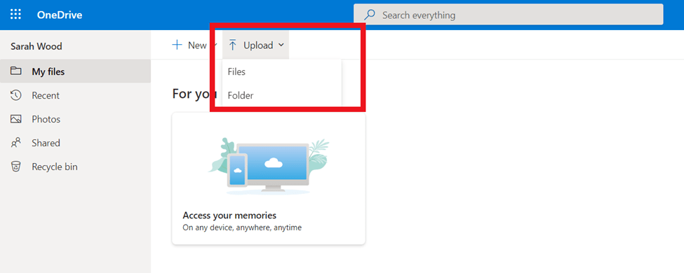 OneDrive dashboard with red square around "Upload" dropdown with option to upload files or folder