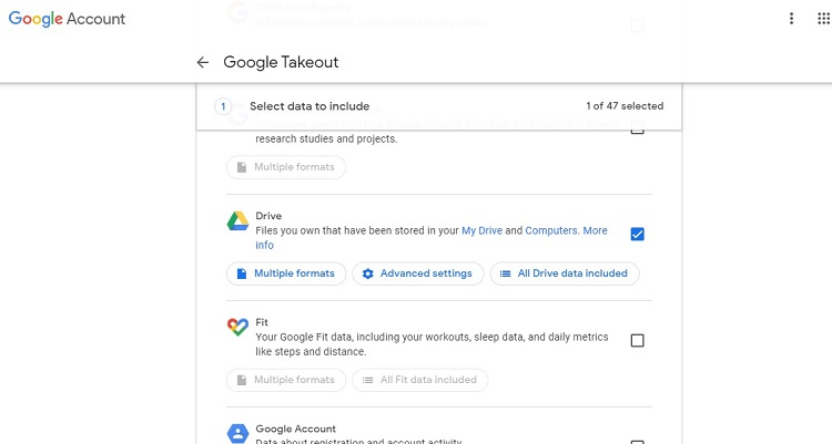 Google Takeout screen