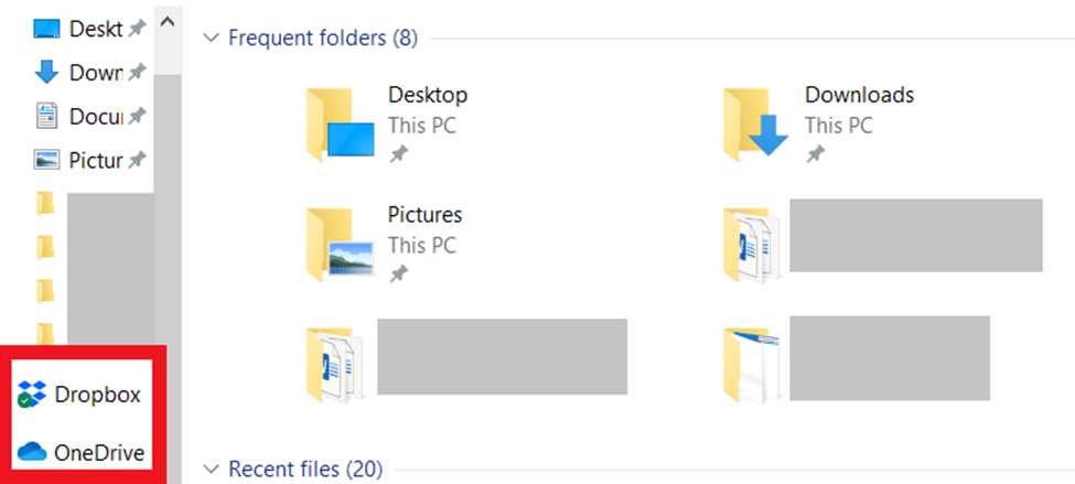 Windows File Explorer screen with red square around Dropbox and OneDrive icons