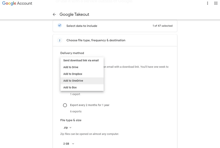 Google Takeout screen with dropdown to add files to OneDrive
