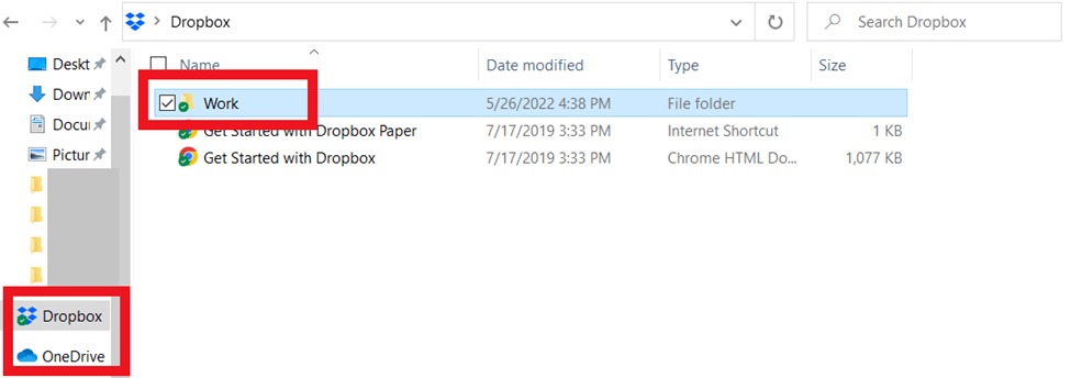 Windows File Explorer screen with red square around Dropbox and OneDrive icons and another red square around folder being imported